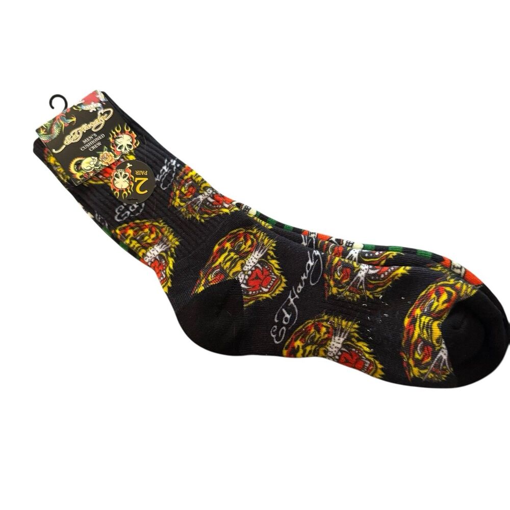Ed Hardy Mens 2 Pair Cushioned Crew Socks‎ Sz  Shoe 6-12 Skull Dice NEW NWT